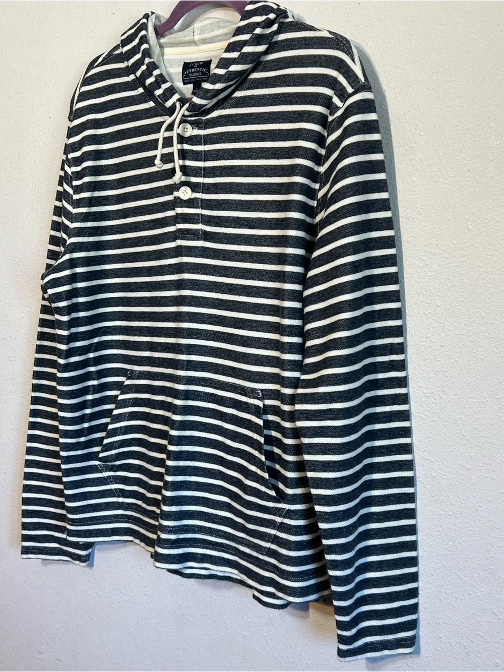 J.Crew authentic Fleece blue and white striped henley hoodie kangaroo pocket